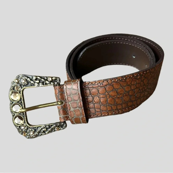 BERGE Croc Embossed Belt Leather Brown Embellished Buckle, Size Small - Picture 15 of 15